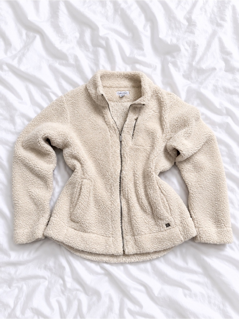 Calvin Klein Neutral Cream Teddy Sherpa Zip Jacket